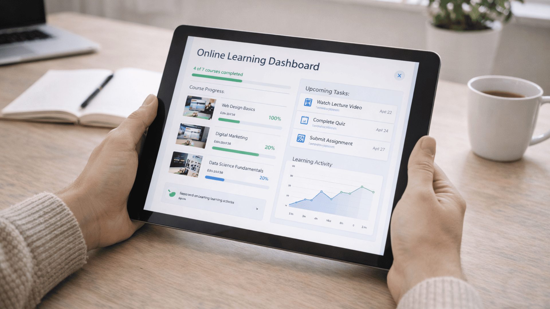 Course completion - person holding tablet for online course.